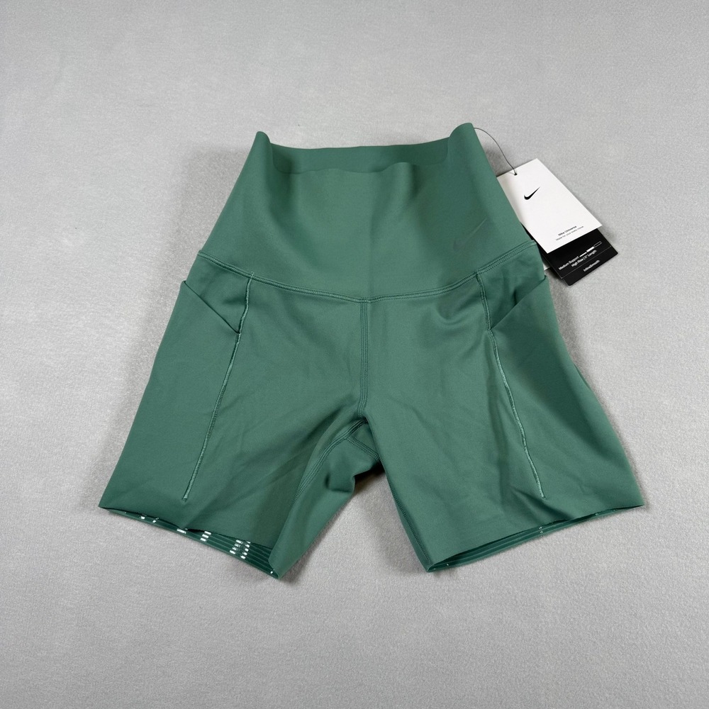 Nike Womens XS Universa High Rise 5" Biker Shorts Green Athletic Yoga Pockets
